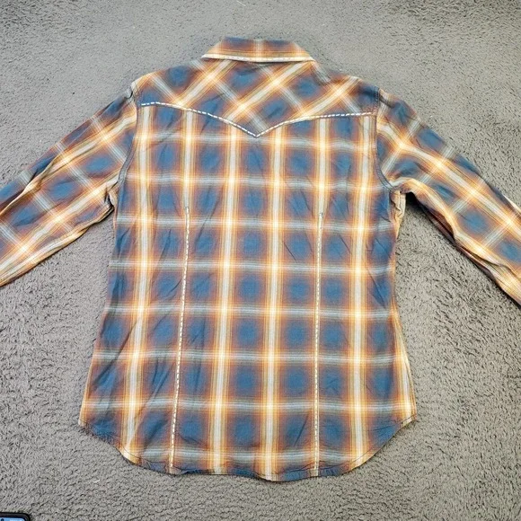 Panhandle Shirt Womens Large Blue Yellow Plaid Western Pearl Snap Embroidered - Picture 8 of 8